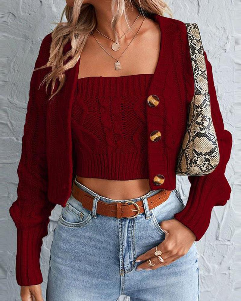 

Long Sleeve Cable Knit Cardigan With Crop Top, Wine red
