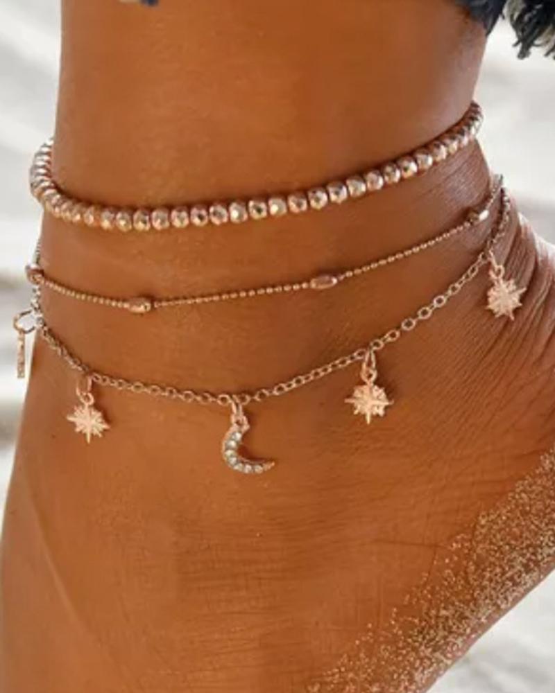 

2pcs Beaded Moon Star Tassel Chain Anklets Set, Gold