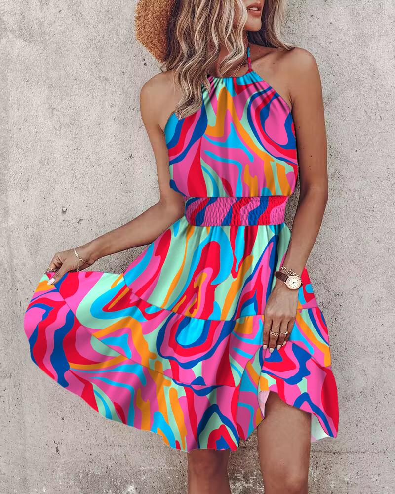 

Multi-Color Abstract Print Halter Shirred Dress, Hot pink