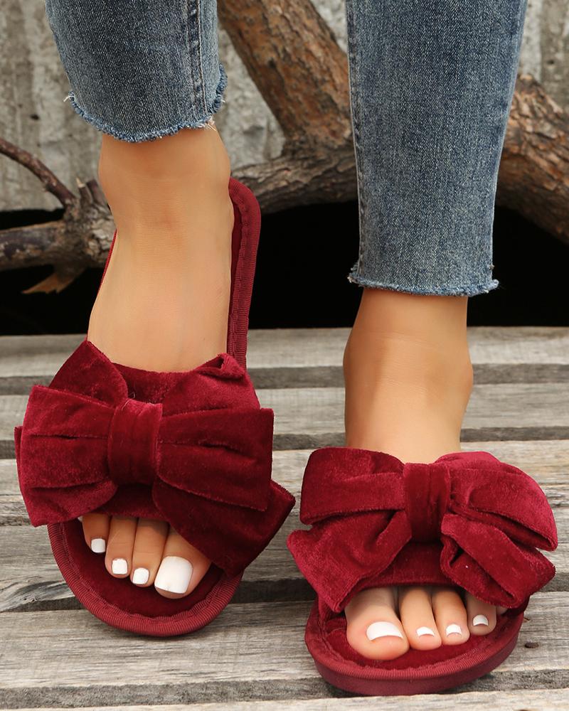 

Bowknot Design One Strap Fuzzy Slippers, Wine red
