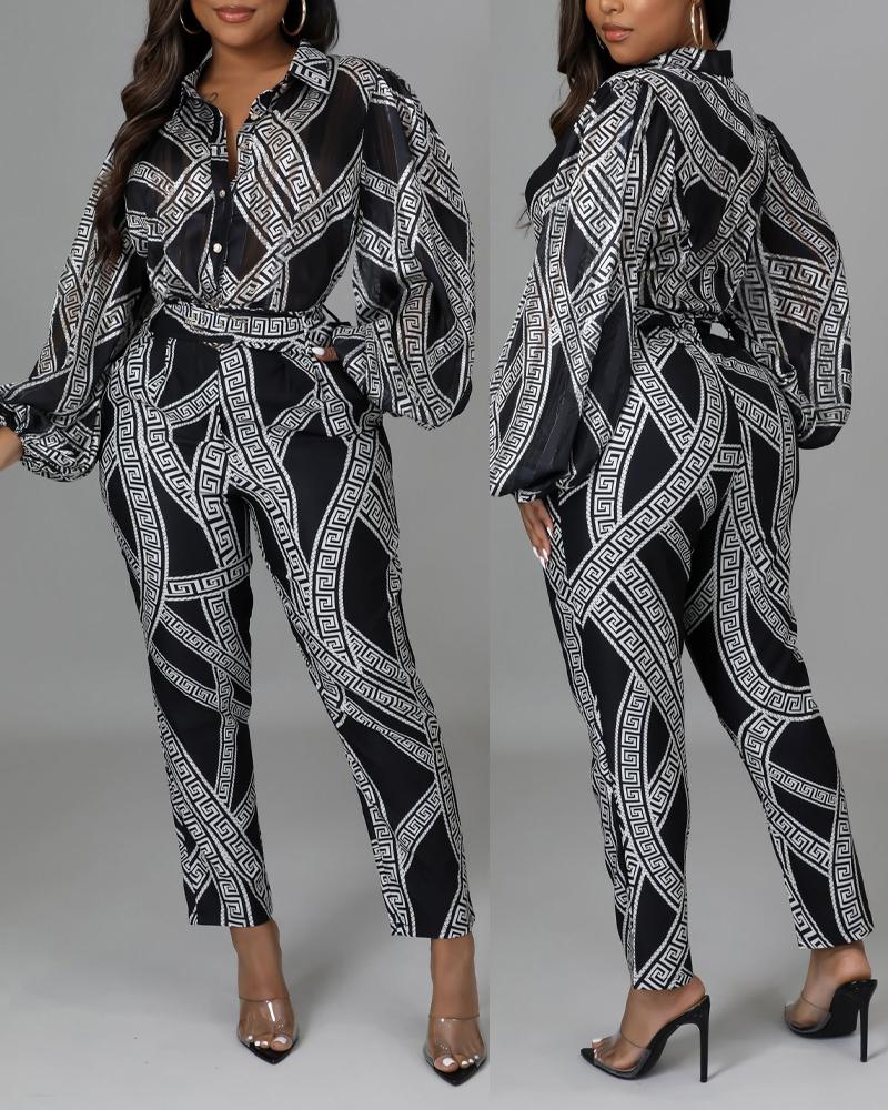 

Geometric Print Button Front Lantern Sleeve Jumpsuit, Black