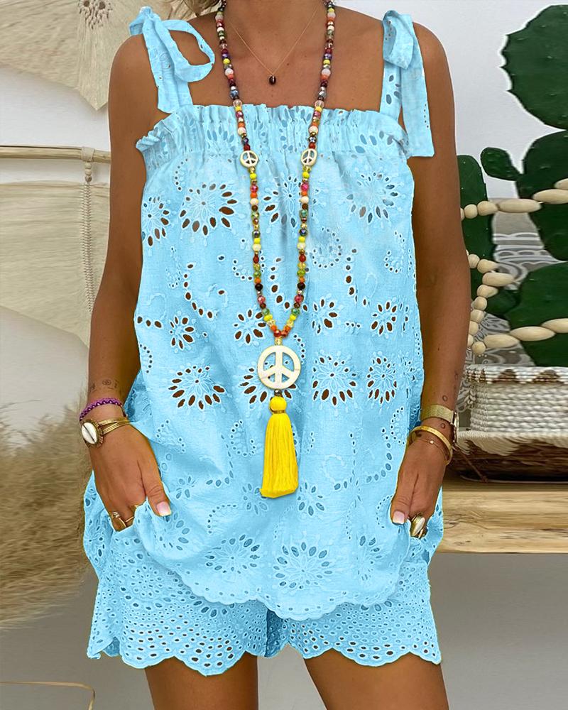 

Eyelet Embroidery Tied Detail Tank Top & Shorts Set, Blue