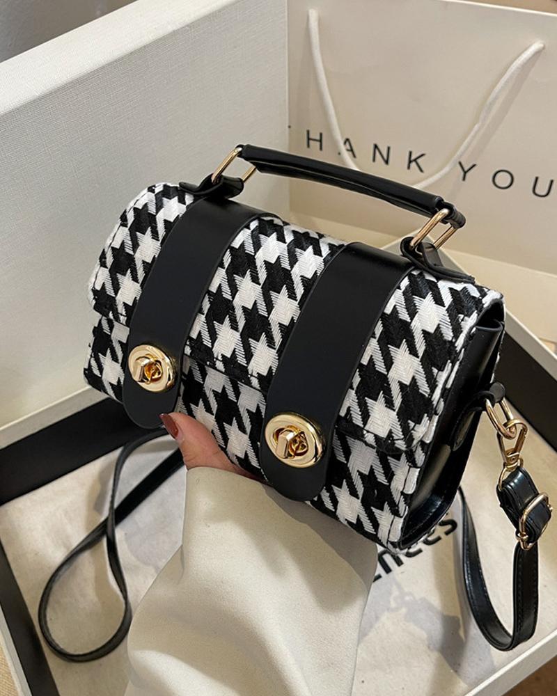 

Houndstooth Pattern Flap Crossbody Bag With Handle, Black
