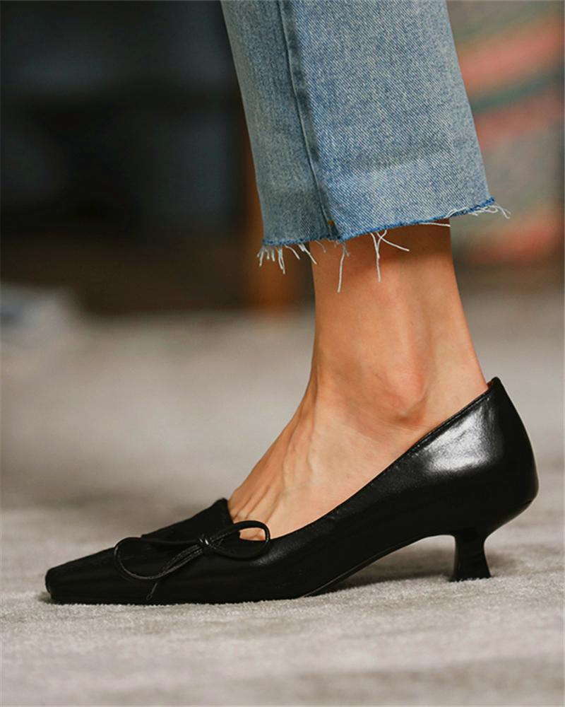 

Square Toe Fluffy Patch Bowknot Decor Heels, Black