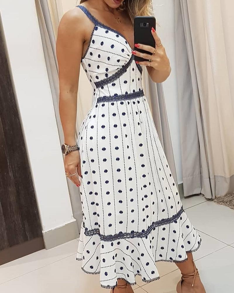 

V-Neck Lace Patch All Over Print Dress, White