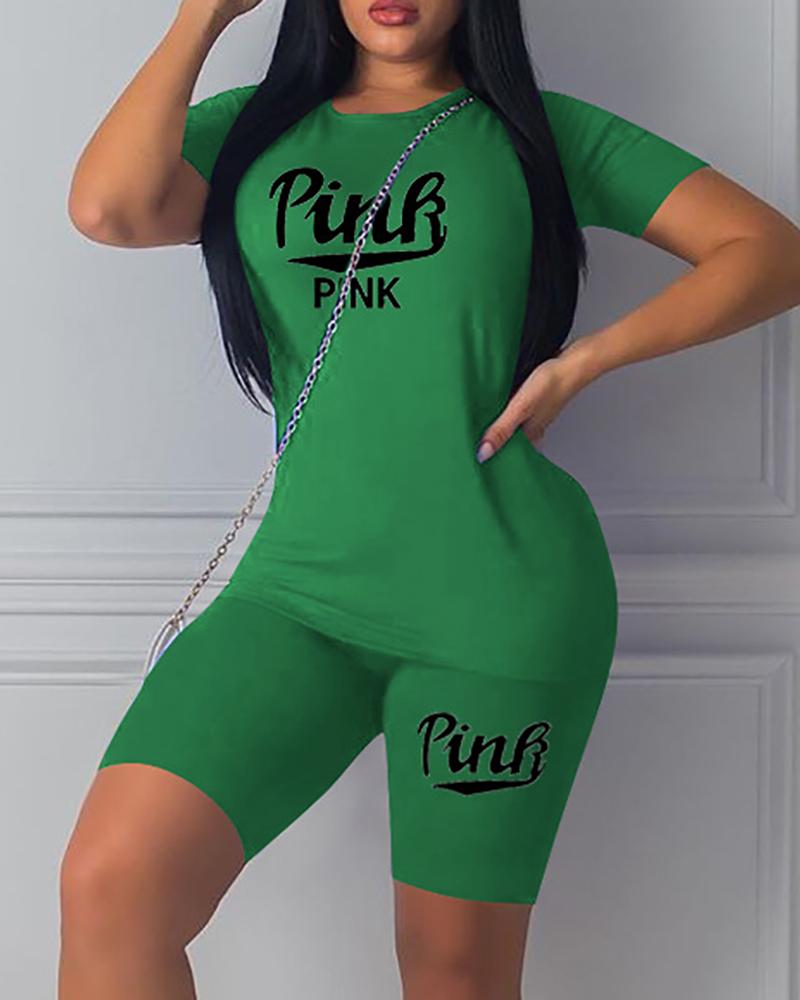 

Letter Print Short Sleeve Top & Shorts Set, Green