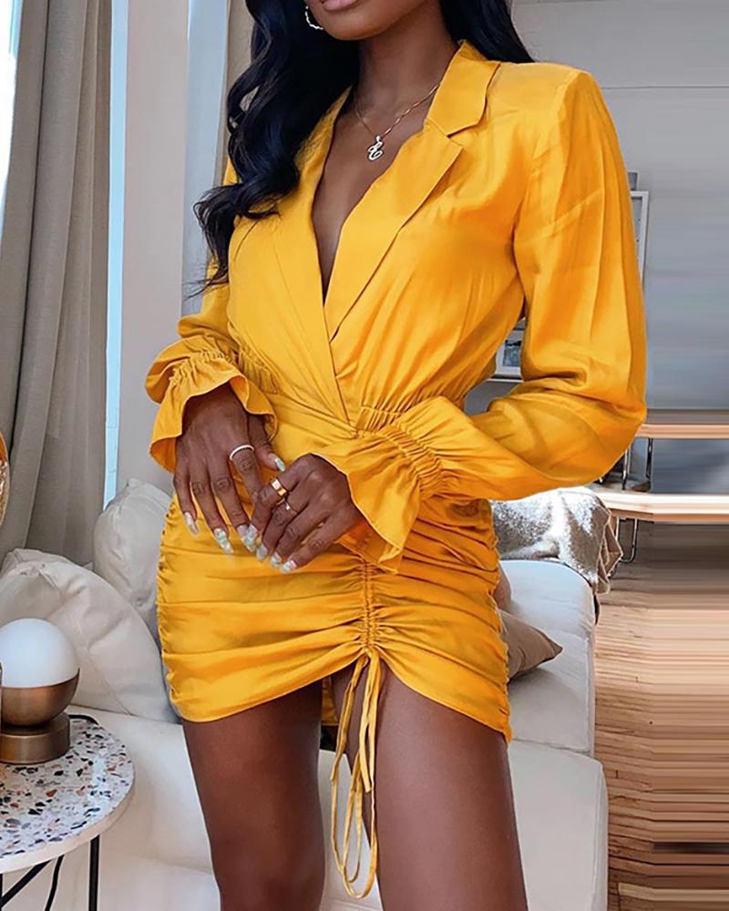 

Ruched Drawstring Bell Sleeve Bodycon Dress, Yellow