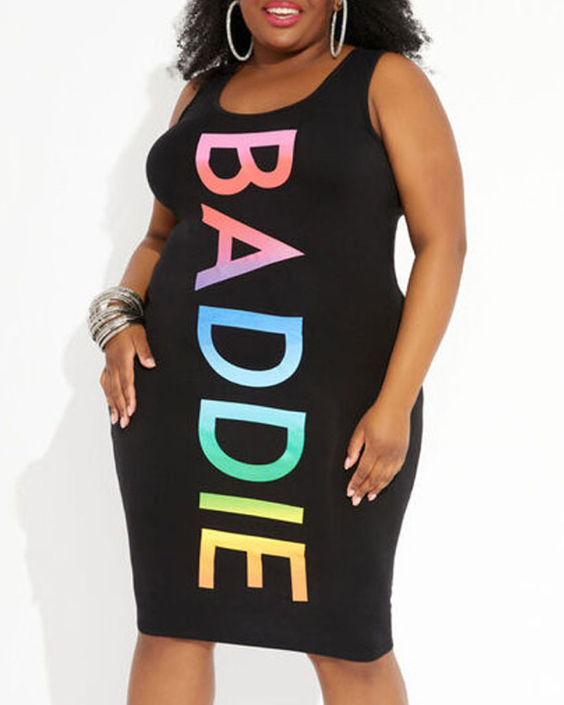 

Plus Size Ombre Letter Print Casual Tank Dress, Black