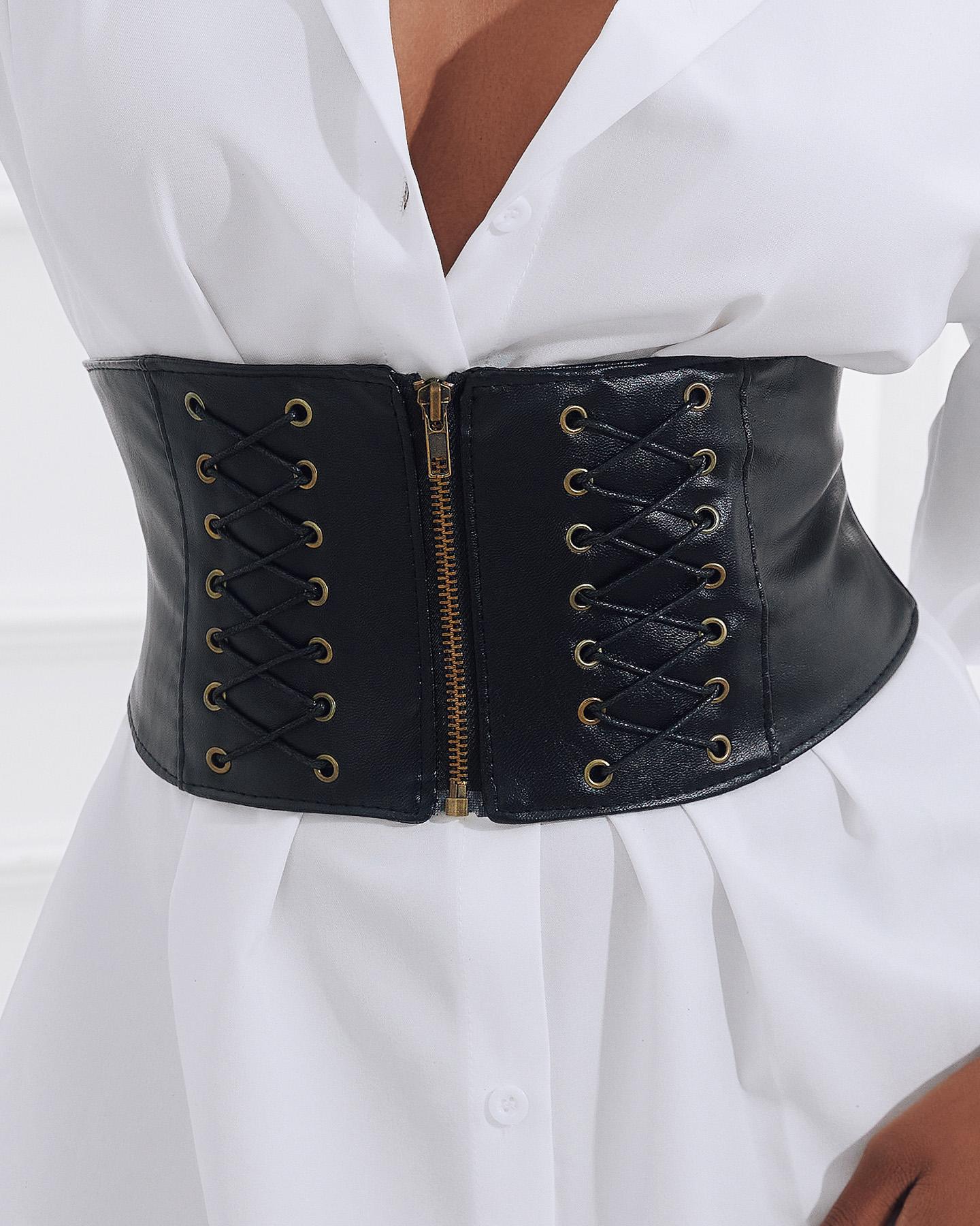 

1PCS PU Leather Zipper Design Eyelet Lace-up Wide Corset Belt, Black