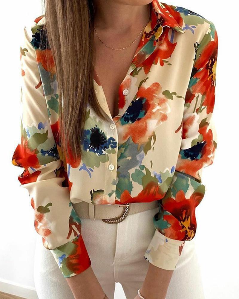 

Floral Print Button Up Top, Apricot