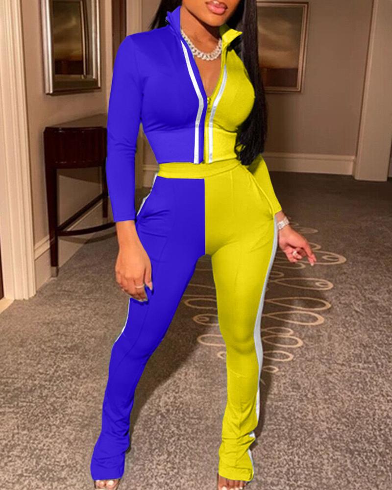 

Colorblock Long Sleeve Suit Sets, Blue