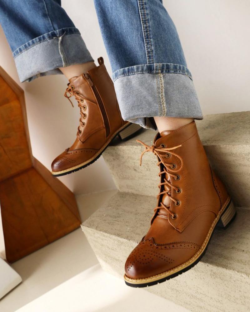 

Chic Womens Round Toe Lace-up Low Heel Martin Boots, Brown