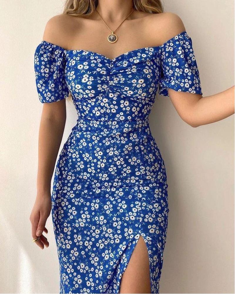 Ditsy Floral Print Off Shoulder High Slit Dress