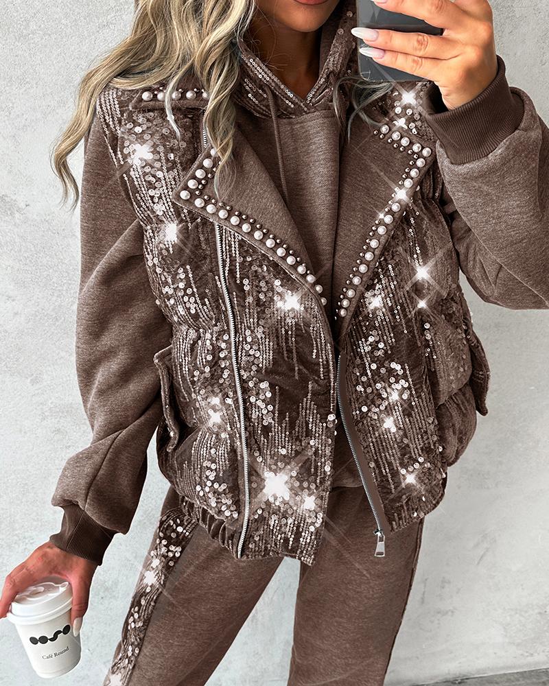 Contrast Sequin Pearls Decor Vest Puffer Coat