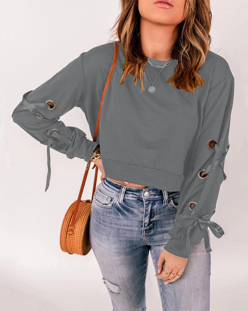 

Grommet Eyelet Lace-up Long Sleeve Crop Top, Gray