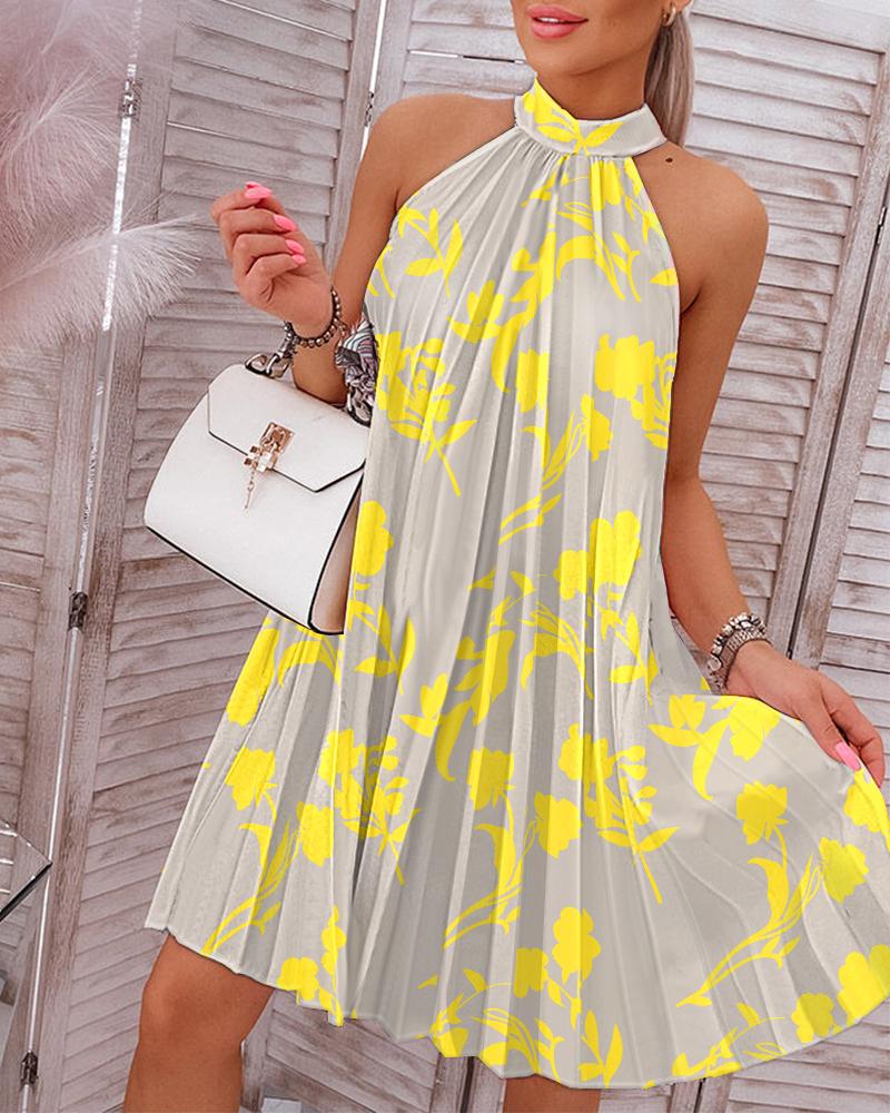 Plants Print Sleeveless Pleated Casual Dress