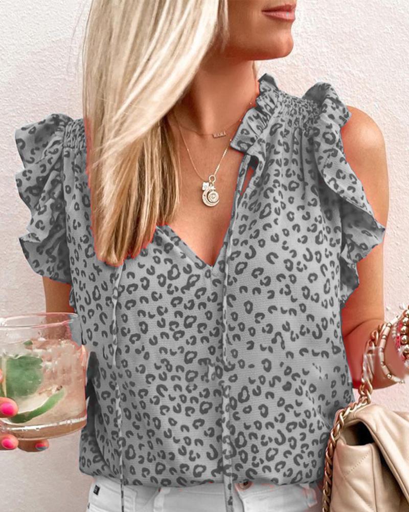 

Leopard Print Ruffle Hem Tank Top, Gray