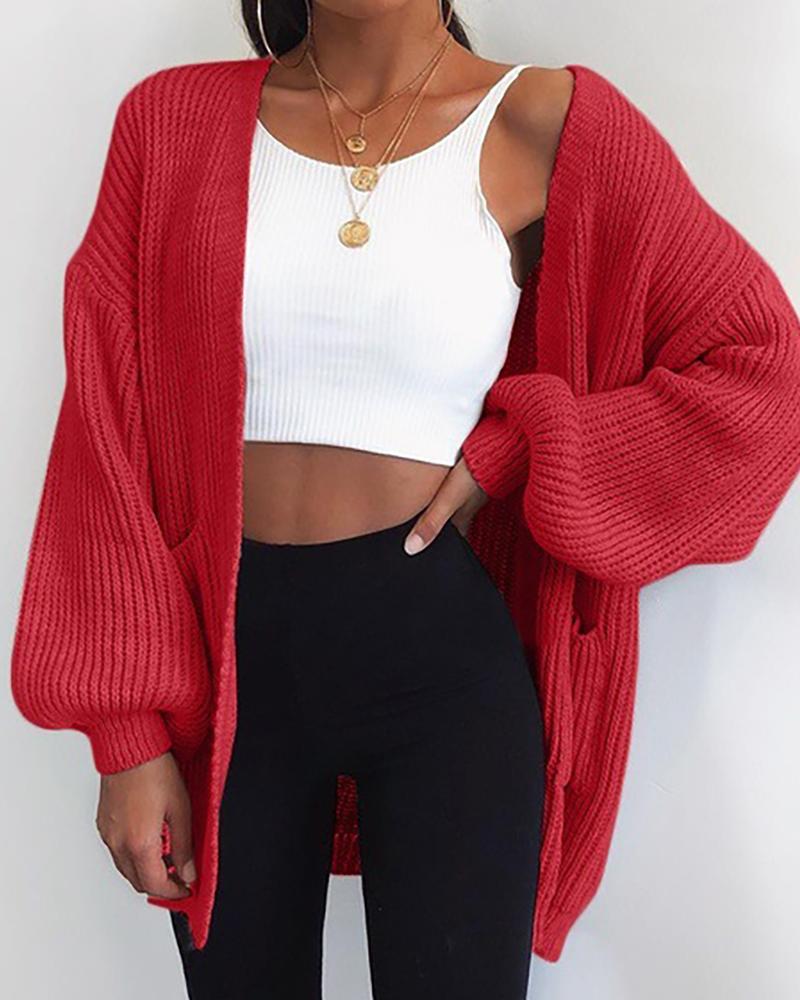 

Long Sleeve Plain Knit Casual Cardigan, Red
