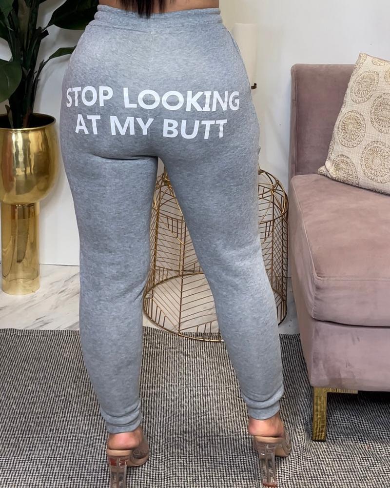 

Letter Print Drawstring High Waist Pants, Light gray