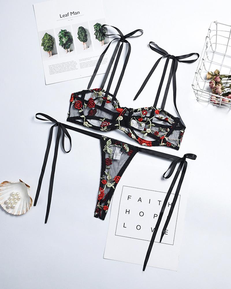 

Sexy See-through Mesh Splicing Rose Embroidery Sling Bra Sets, Black
