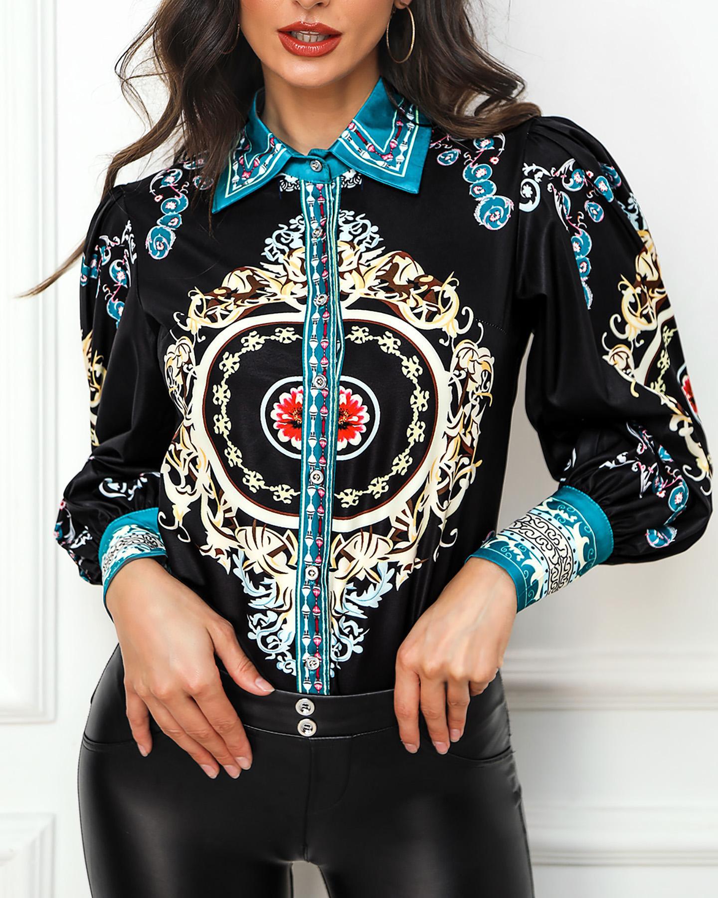 

Paisley Print Puffed Sleeve Shirt, Black