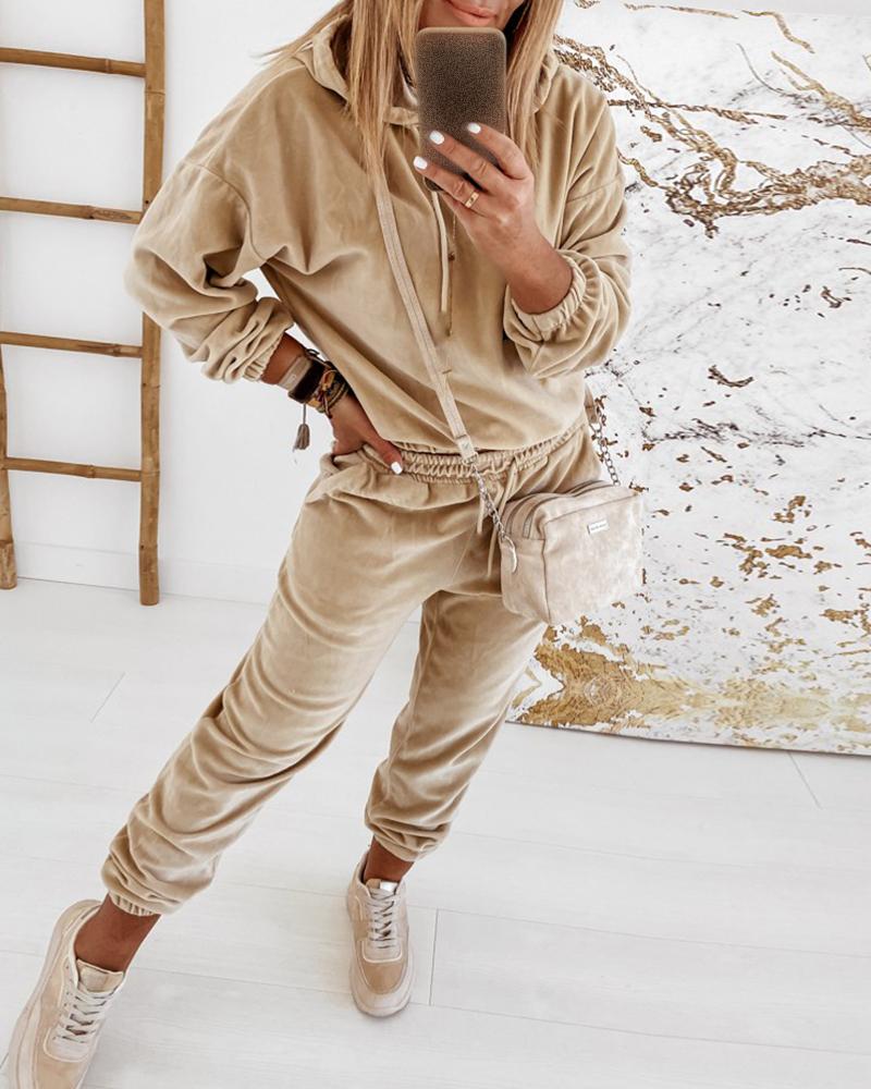 

Plain Long Sleeve Hooded Top & Drawstring Pants Set, Apricot