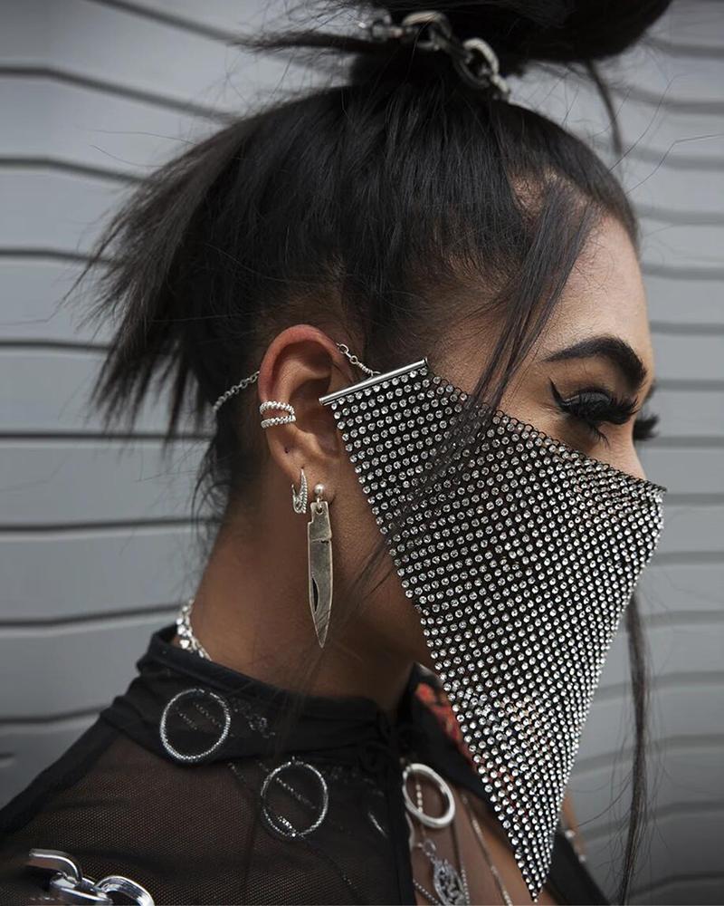 

Chain Metal Face Covering Bling Rhinestone Face Bandana, Black