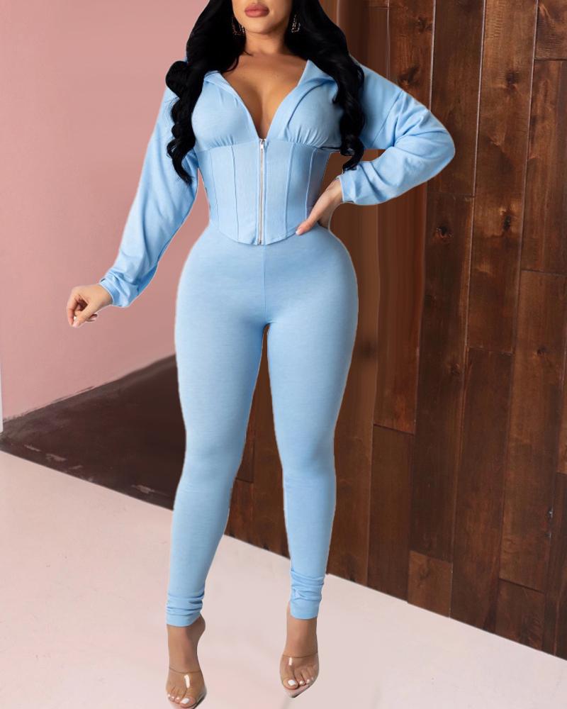 

Zipper Design Hooded Top & High Waist Pants Set, Blue
