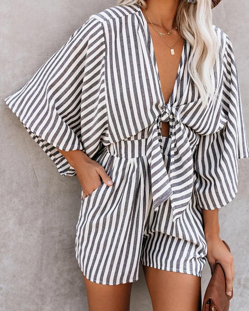 

Striped Print Tie Front Bell Sleeve Romper, White