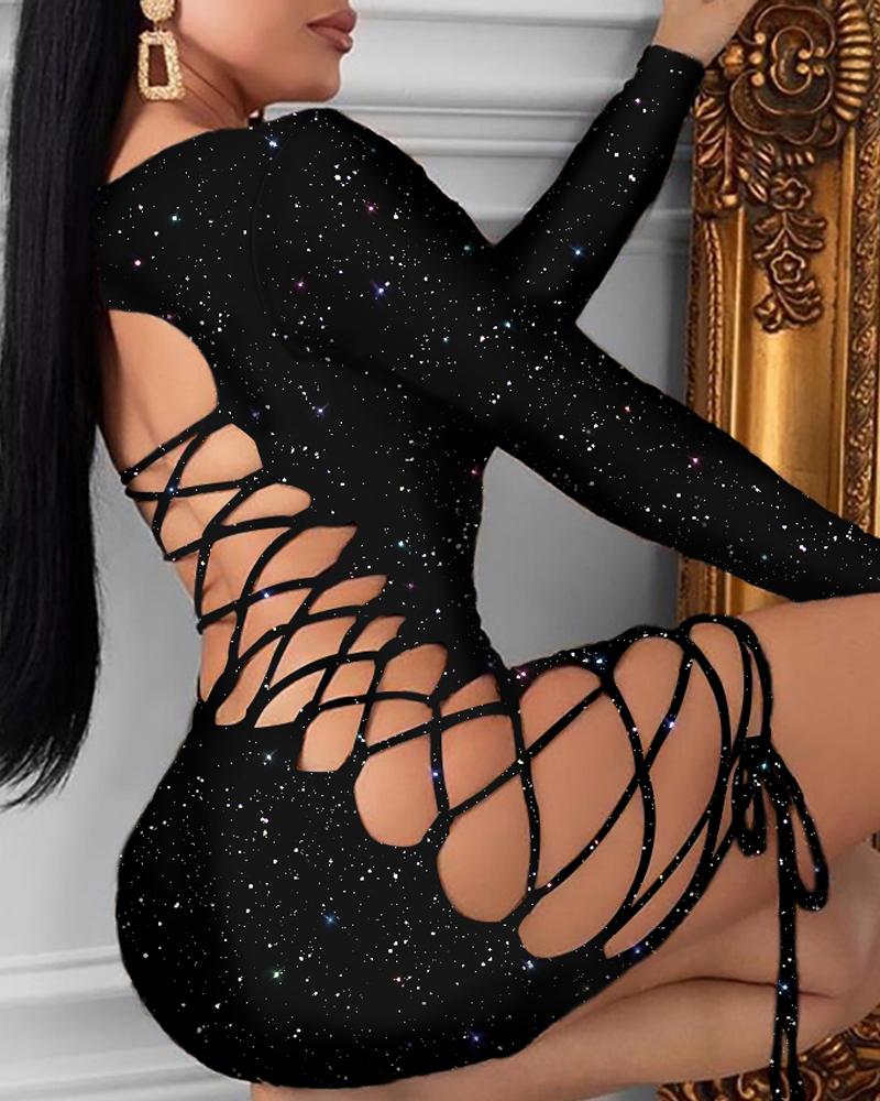 

Glitter Lace-Up Long Sleeve Bodycon Dress, Black