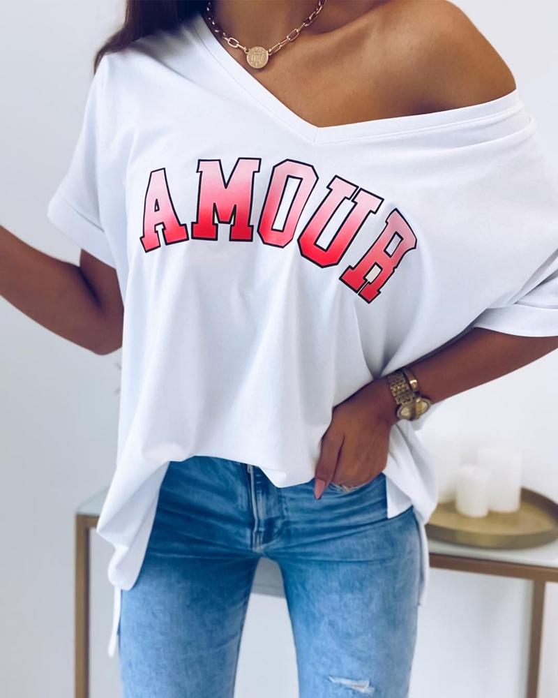 

Ombre Letter Print V-Neck Casual T-shirt, White