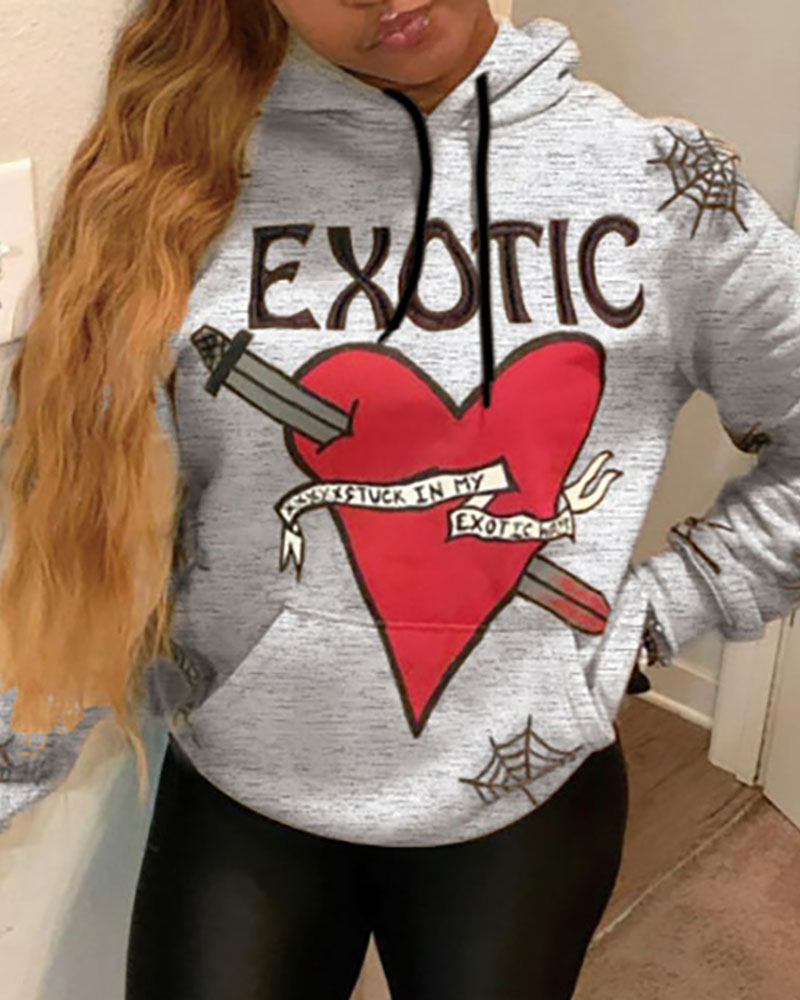 

Letter Heart Print Pocket Design Long Sleeve Hoodie, Gray