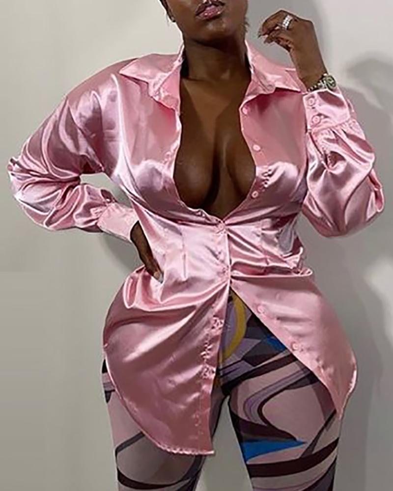 

Buttoned Long Sleeve Ruched Satin Shirt, Pink