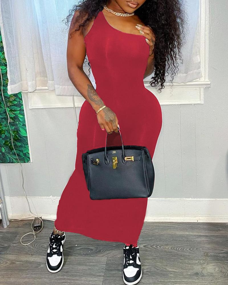 

One Shoulder Skinny Bodycon Dress, Wine red