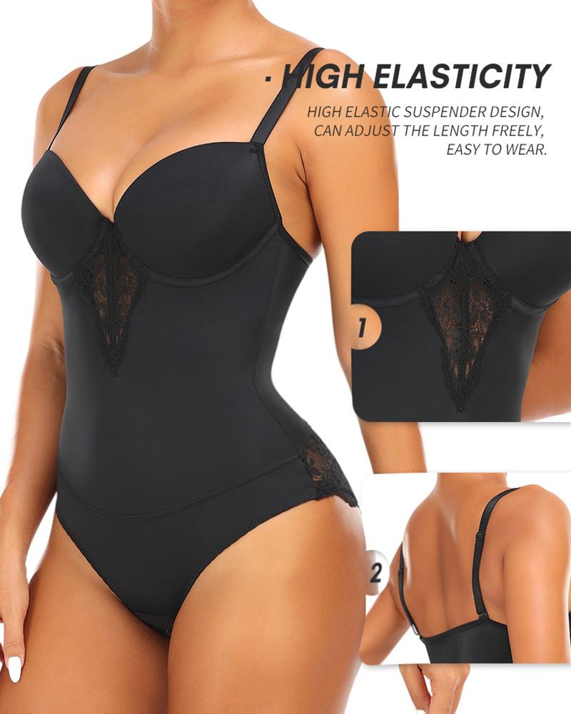 

Contrast Lace Spaghetti Strap Tummy Control Shapewear Bodysuit, Black