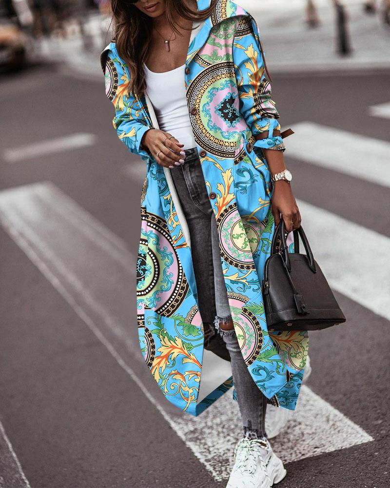 

Baroque Print Button Front Longline Trench Coat, Blue
