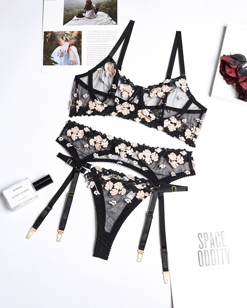 

Sexy Mesh Splicing Floral Lace Sling Bra Sets With Garter, Black