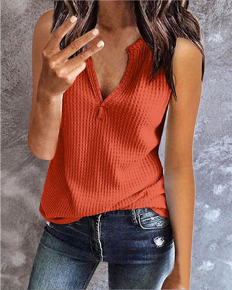 

V-Cut Waffle Knit Casual Tank Top, Orange