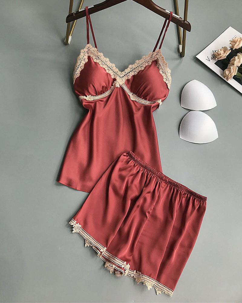 

Lace Trim Satin Padded Cami Set, Red