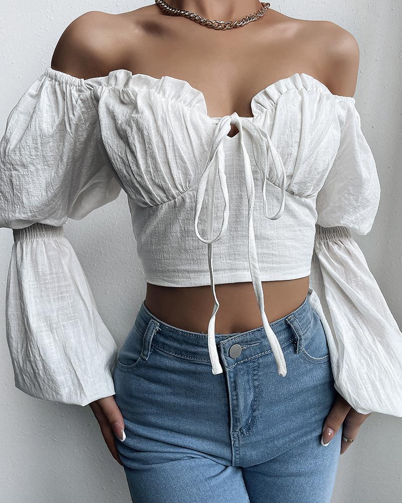 

Puff Sleeve Tied Detail Shirred Frill Hem Ruched Top, White