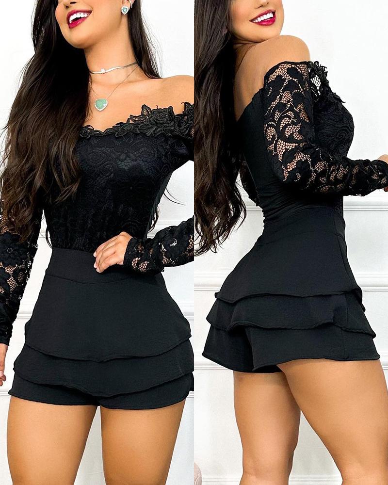 

Off Shoulder Lace Top & Ruffles Skorts Set, Black