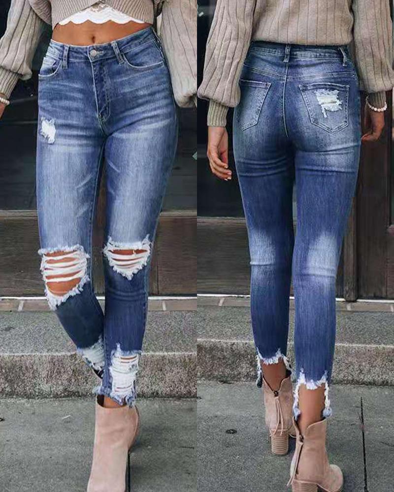 

Hole Bodycon Denim Slim-fit pants, Dark blue