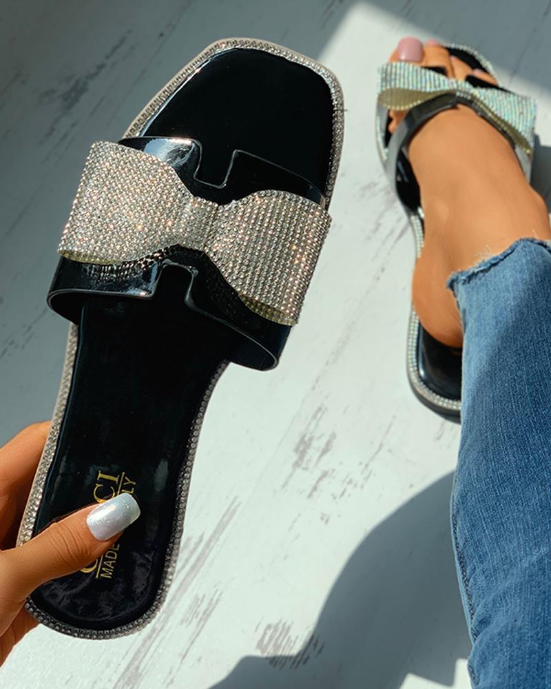 

Square Toe Bowknot Pattern Rhinestone Flat Sliders, Black