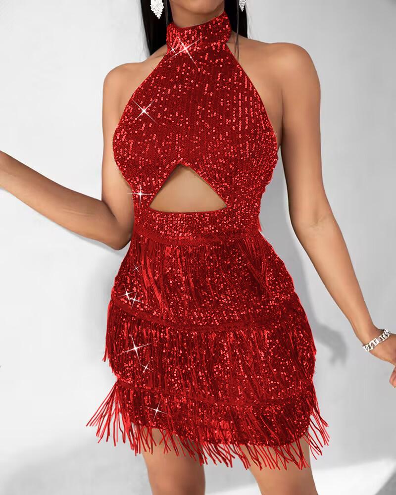 

Allover Sequin Tassel Design Party Dress, Red