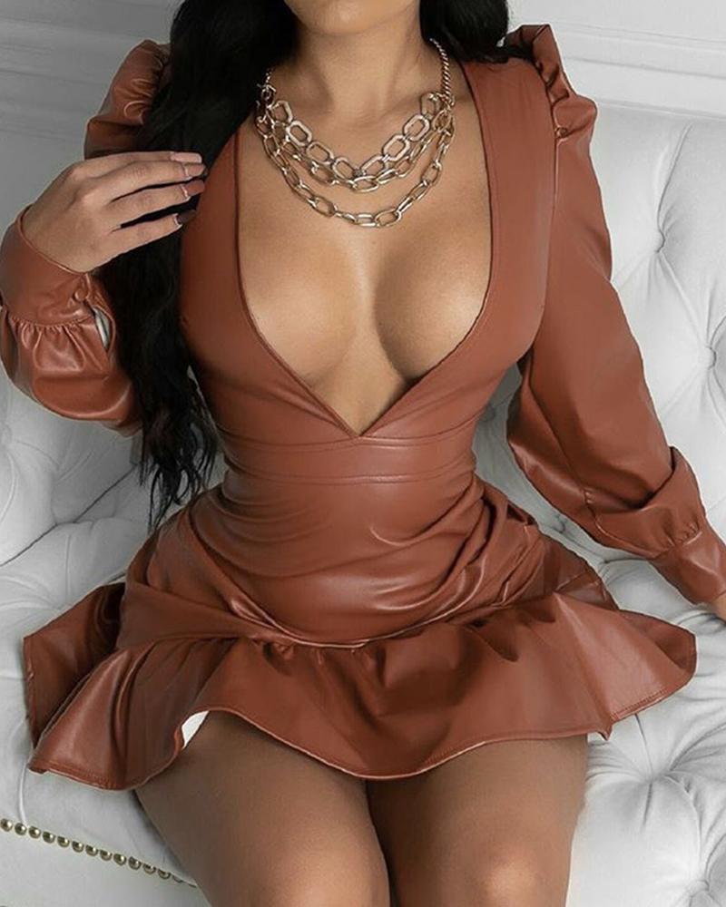 

PU Leather Ruffles Puff Sleeve Bodycon Dress, Brown