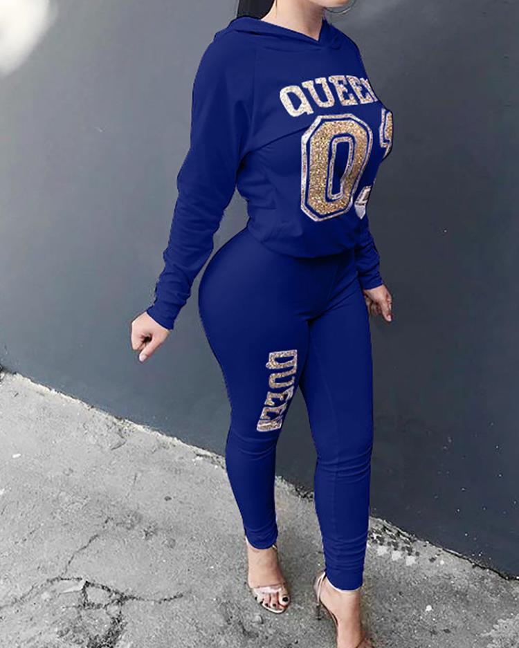 

Fashion Hot Stamping Hooded 2pcs Casaul Suit Sets, Dark blue