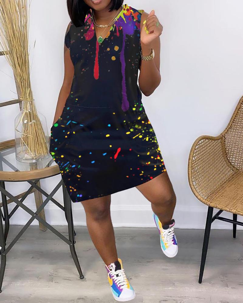 

Ink Splash Print Pocket Design Sleeveless Dress, Black