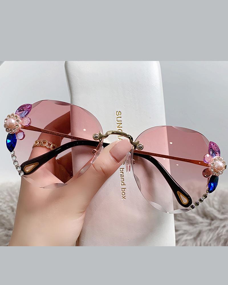 

1Pair Rhinestone Tinted Lens Rimless Frame Sunglasses, Style4