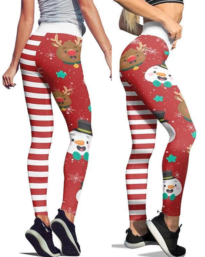 

Christmas High Waist Striped Snowman Elk Print Leggings, Red