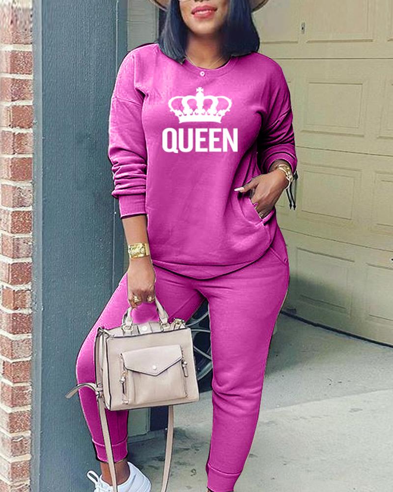 

Crown Letter Print Pocket Design Top & Pants Set, Hot pink